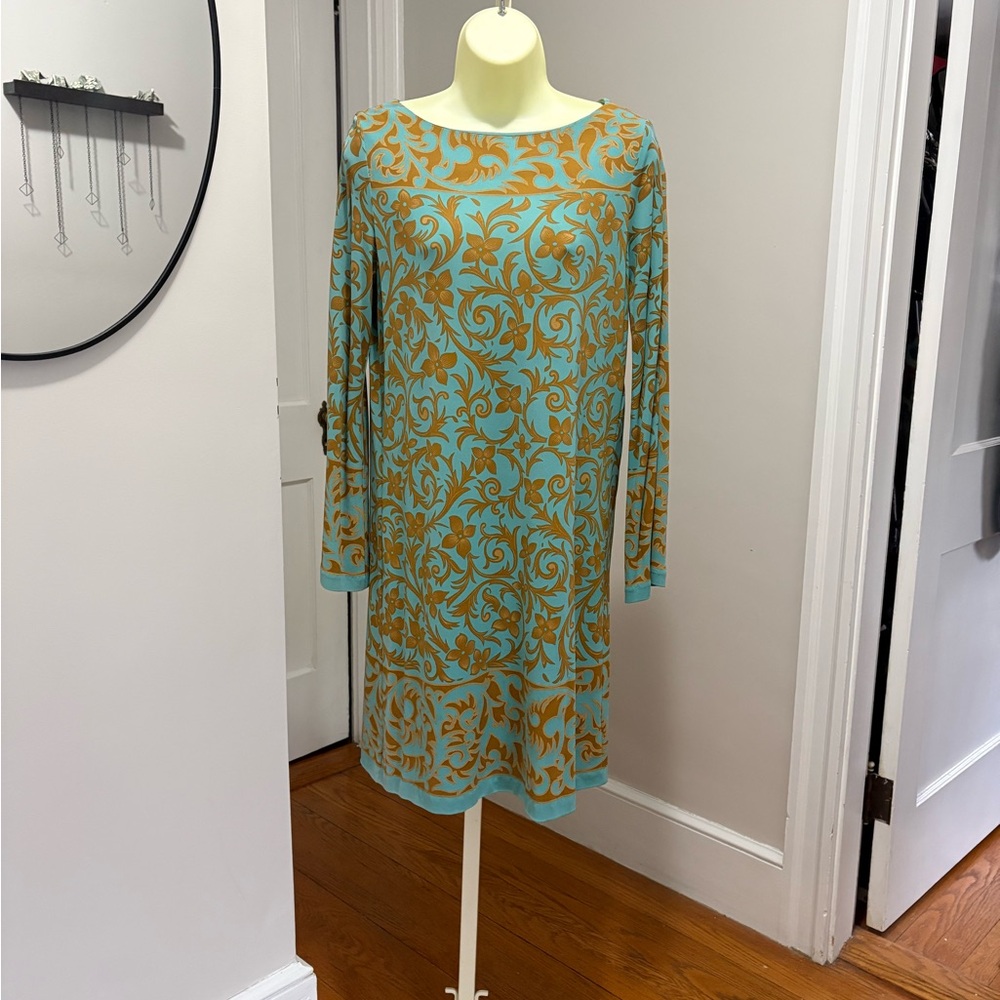 Nicole Miller Aqua and Gold Scroll-Print Long Sleeve Shift Dress